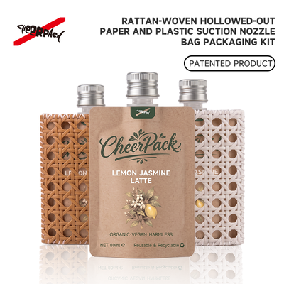Qualité  Reusable Rattan Woven Spout Pouch with Aluminum Cap | CheerPack Patented 100ml rattan-woven hollow-out spout pouch with reusable Sleeve and aluminum screw cap. Eco cosmetic packaging, OEM/ODM welcome. Usine