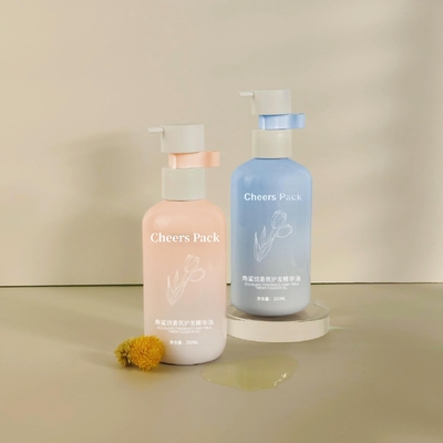 250 ml de shampooing en plastique HDPE à capuche pliable pour bébé, pompe à lotion rose pour emballage cosmétique